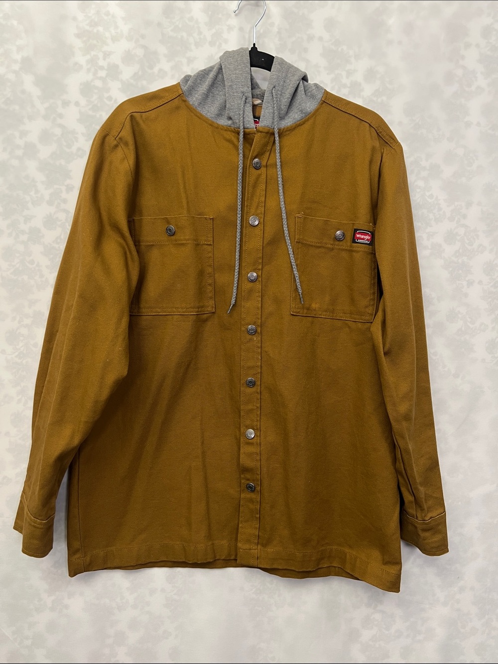 Wrangler Brown Hooded Lightweight Shirt Jacket with Gray Hood